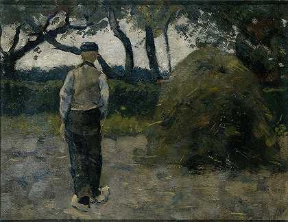 一个农民站在干草堆附近`A Farmer standing near a Hay~Stack (1889) by Richard Nicolaüs Roland Holst