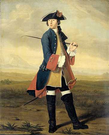 画家鲁道夫·巴克休伊森二世身着龙骑兵制服的肖像`Portrait of Ludolf Backhuysen II, Painter, in the Uniform of the Dragoons (1748) by Tibout Regters