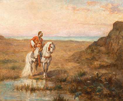 风景中的骑手`A Rider in a Landscape by Adolf Christian Schreyer