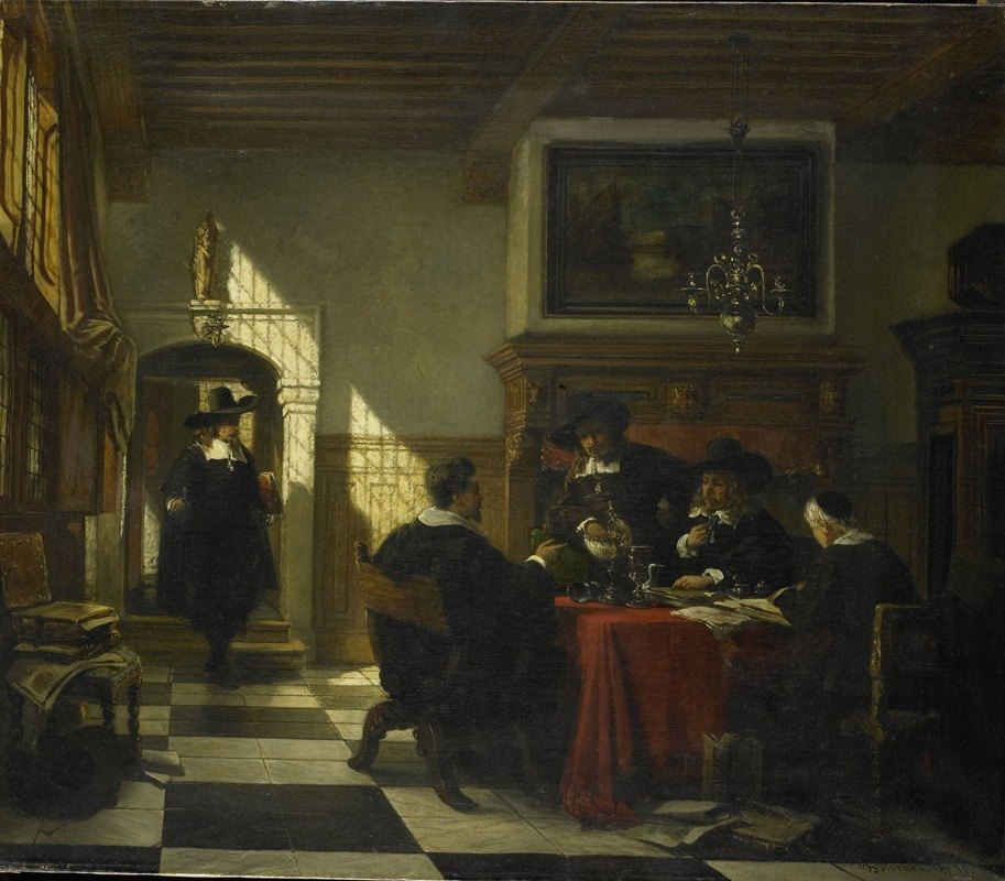 穿着17世纪服装的社会坐在一张桌子上，桌上放着一个鹦鹉螺杯`Gezelschap in 17e~eeuwse dracht bij een tafel waarop een Nautilusbeker (1873) by Johannes Stroebel