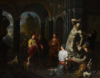 在宫殿庭院里，优雅的雕塑师监督着赫拉克勒斯和安纳托斯的雕像`Elegant Figures Overseeing Sculptors Working On A Statue Of Hercules And Anateus In A Palace Courtyard (1709) by Balthasar Van Den Bossche