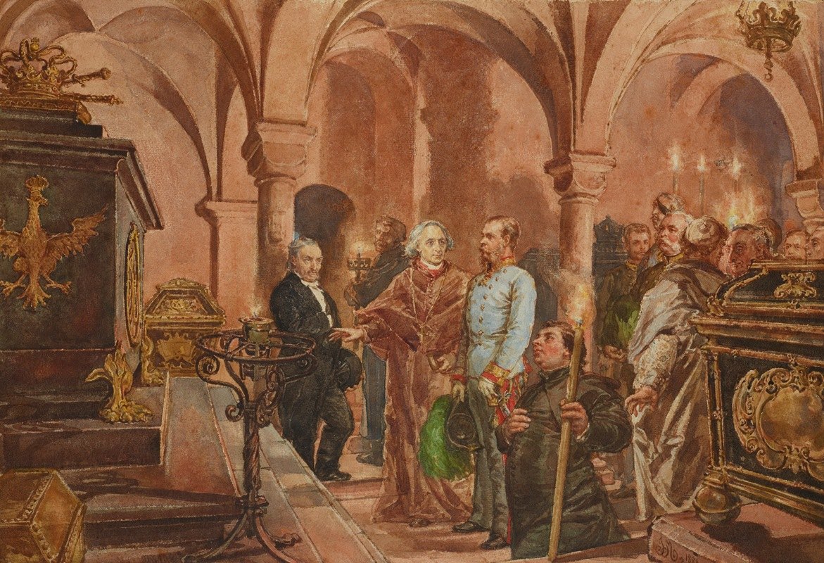 圣伦纳德年约翰三世索比斯基石棺前的皇帝瓦维尔大教堂下的地下室`The Emperor in Front of the Sarcophagus of John III Sobieski in Saint Leonards Crypt under the Wawel Cathedral (1881) by Jan Matejko