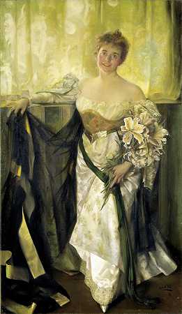 爱丽丝·巴尼穿着白色缎子`Alice Barney in White Satin (1894) by Hubert Vos