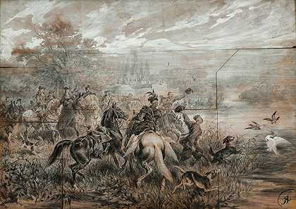 苍鹭狩猎`Heron Hunting (circa 1879) by Juliusz Kossak