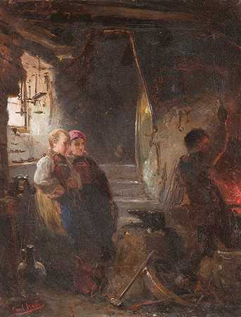 铁匠店里有两个女孩`Two girls at the blacksmith`s by Karl Heinrich Hoff