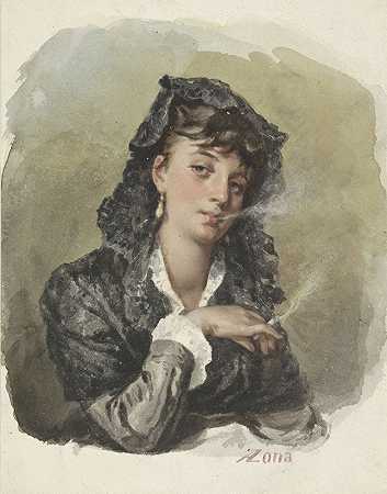 拿着香烟的年轻女子`Jonge vrouw met een sigaret (1823 ~ 1892) by Antonio Zona