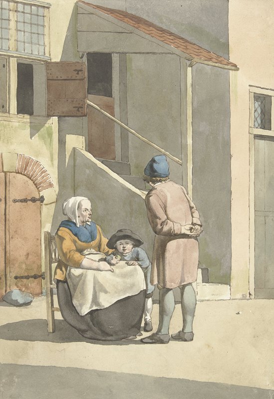 房子前有一对带着孩子的男女`Jongen en vrouw met kind voor een huis (1700 ~ 1800) by W. Barthautz