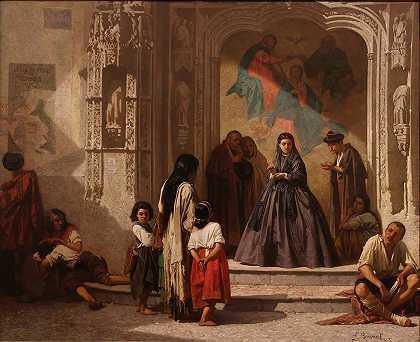 年轻女子在教堂入口科尔多瓦圣塞巴斯蒂安医院`Jeune femme faisant la charité à lentrée de la chapelle de lhôpital San Sebastian à Cordoue (1863) by Léon Bonnat