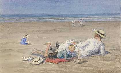 带着两个孩子在海滩上休息的保姆`Rustend kindermeisje met twee kinderen op het strand (1874 ~ 1927) by Johan Antonie de Jonge