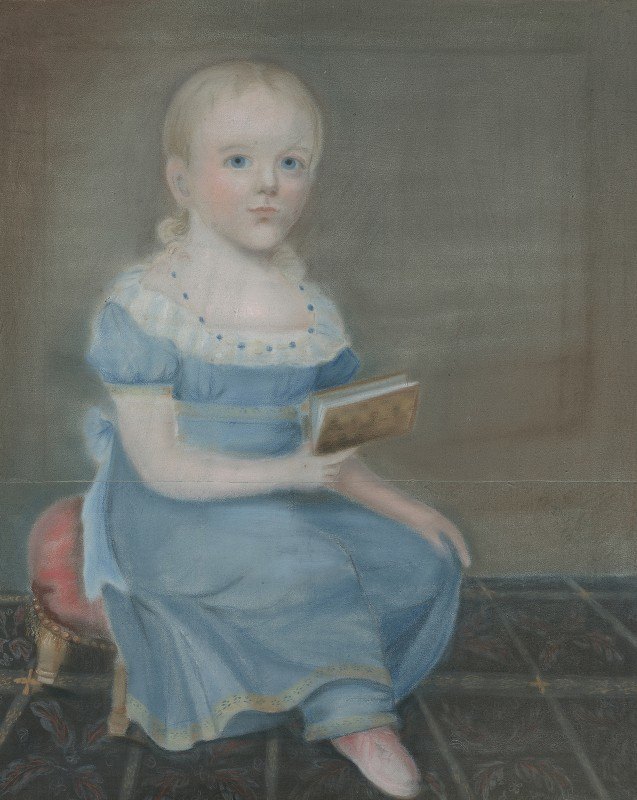 一个蓝眼睛蓝裙子女孩的肖像`Portrait Of A Girl With Blue Eyes And Blue Dress (c. 1820) by B. Doyle