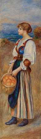 拿着一篮橘子的女孩（Marchande d橘子）`Girl with Basket of Oranges (Marchande doranges) (c. 1890) by Pierre-Auguste Renoir