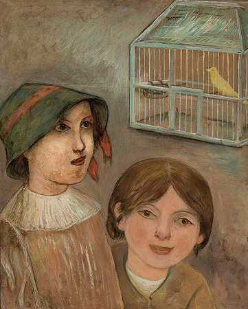 两个小女孩站在一个养着金丝雀的笼子旁边`Two little girls beside a cage with a canary (1922) by Tadeusz Makowski