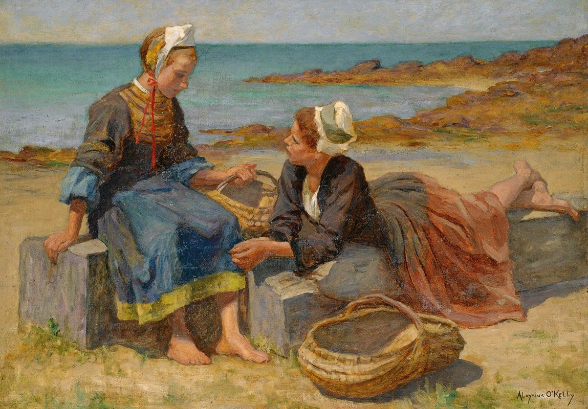 海滩上的布莱顿女孩`Breton Girls On a Beach by Aloysius O;Kelly