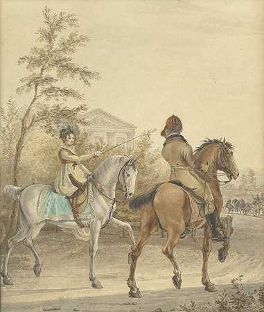 在乡间小路上骑马的男人和女人`Man en een vrouw te paard op een landweg (1802) by Johannes Vinkeles