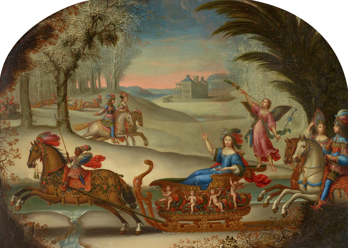 玛丽·德·贝勒的婚礼雪橇之旅`Wedding Sleigh Ride of Marie de Bailleul (Mid~17th century) by Claude Déruet