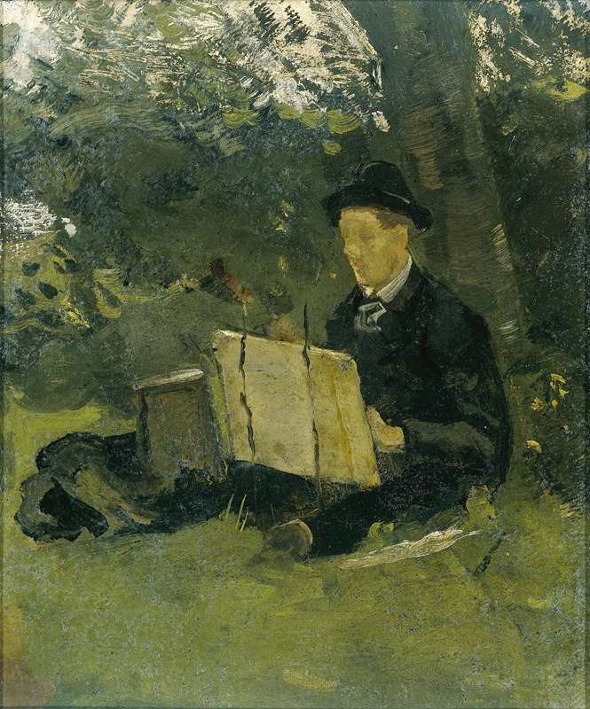 简·维尔卡德（1868-1946）在哈特姆的一棵树下作画`Jan Verkade (1868~1946) Painting under a Tree at Hattem (1891) by Richard Nicolaüs Roland Holst