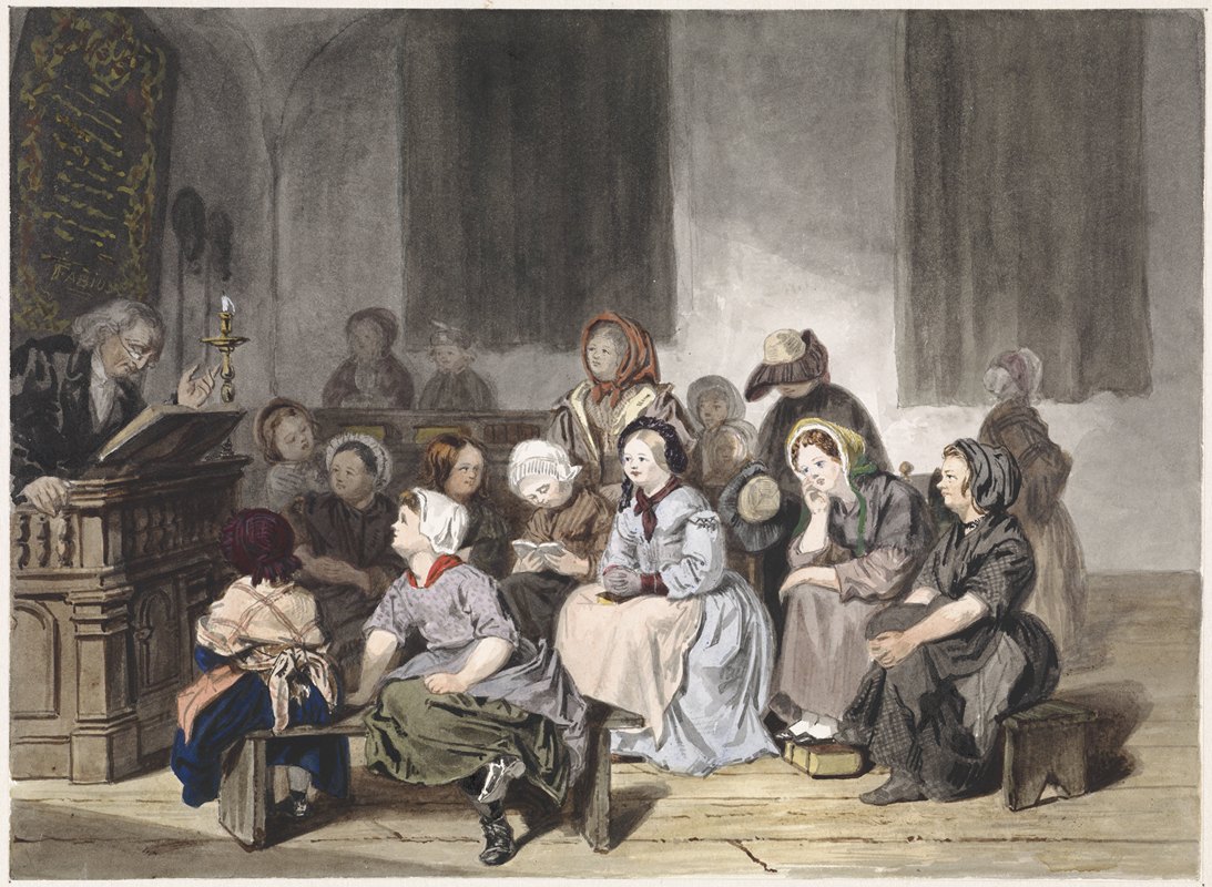 与女孩一起做礼拜`Kerkdienst met meisjes (1830 ~ 1889) by Jan Fabius Czn