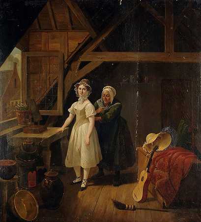 女佣把一位女士缝成紧身胸衣`Maid Sewing A Lady Into A Corset by Constantinus Fidelio Coene