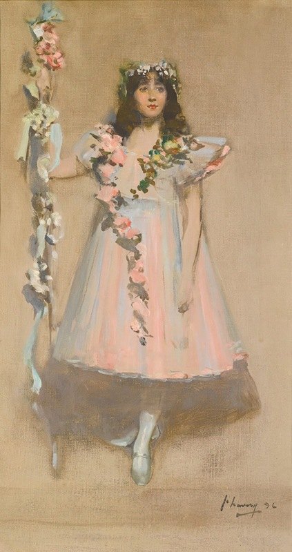 戴花环的女孩1896`The Garlanded Girl 1896 by Sir John Lavery