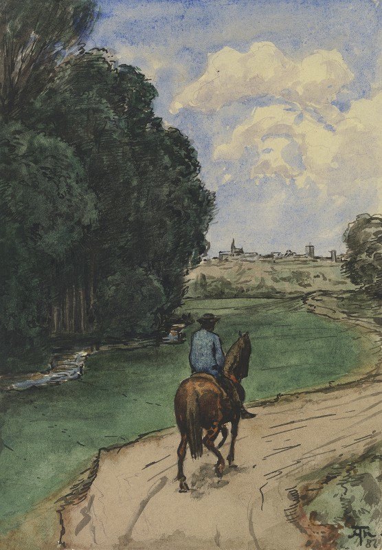 在森林的边缘。骑手在一条小路上，照片里面`Am Waldesrand. Reiter auf einem Wege, bildeinwärts (1887) by Hans Thoma