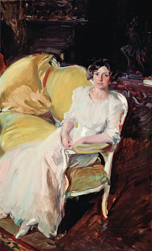 克罗蒂尔德坐在沙发上`Clotilde seated on the Sofa (1910) by Joaquín Sorolla