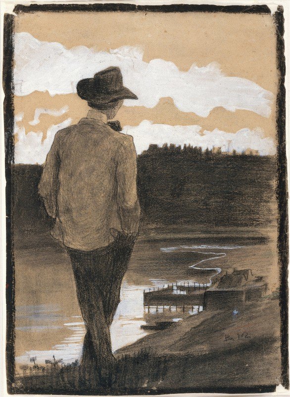 河岸上的年轻人`Young Man on a Riverbank (1902) by Umberto Boccioni