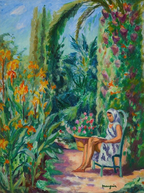 花园里的奥黛特乌斯塔莱特`Odette dans le jardin de lOustalet (1933) by Henri Manguin