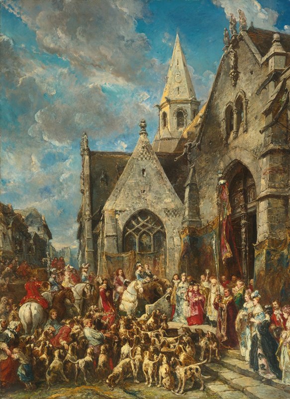 圣休伯特情人节（猎犬的祝福）`St. Huberts Day (The Blessing of the Hounds) by Eugène Isabey