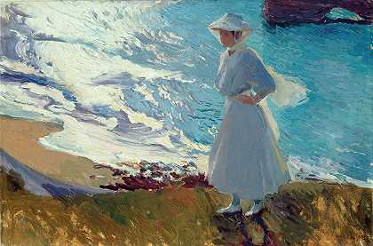 玛丽娅在比亚里茨海滩上或白天`María on the Beach at Biarritz or Contre~jour (1906) by Joaquín Sorolla