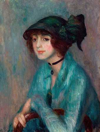 黑发女郎`The Brunette (c. 1913) by William James Glackens