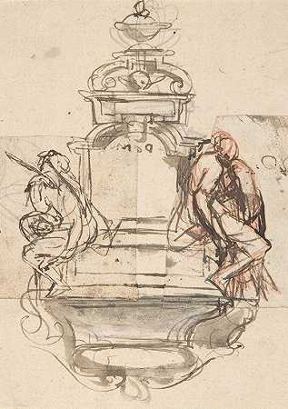 带有两个人物的坟墓纪念碑的设计`Design for a sepulchral monument with two figures (late 17th–early 18th century) by Pieter Verbruggen the Younger