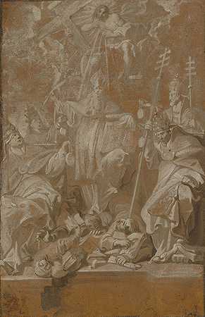 圣兰伯特践踏他的凶手，被包围`Saint Lambert Trampling his Murderers, Surrounded by the Four Church Fathers (early 17th–mid 17th century) by the Four Church Fathers by Antoon Sallaert