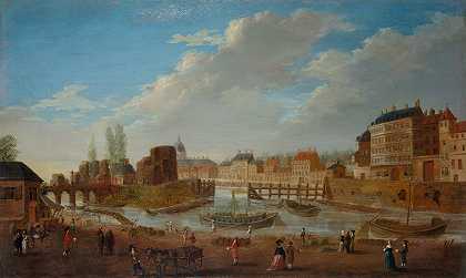 Louviers岛和圣路易斯岛，从圣保罗港（塞莱斯汀港）俯瞰`Lîle Louviers et la Pointe de lîle Saint~Louis, vues du port Saint~Paul (port des Celestins) (1780) by Pierre-Antoine Demachy