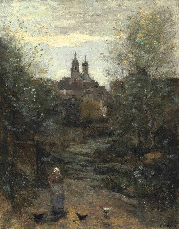 Semur，之路教堂`Semur, Le Chemin De Léglise (circa 1855~1860) by Jean-Baptiste-Camille Corot