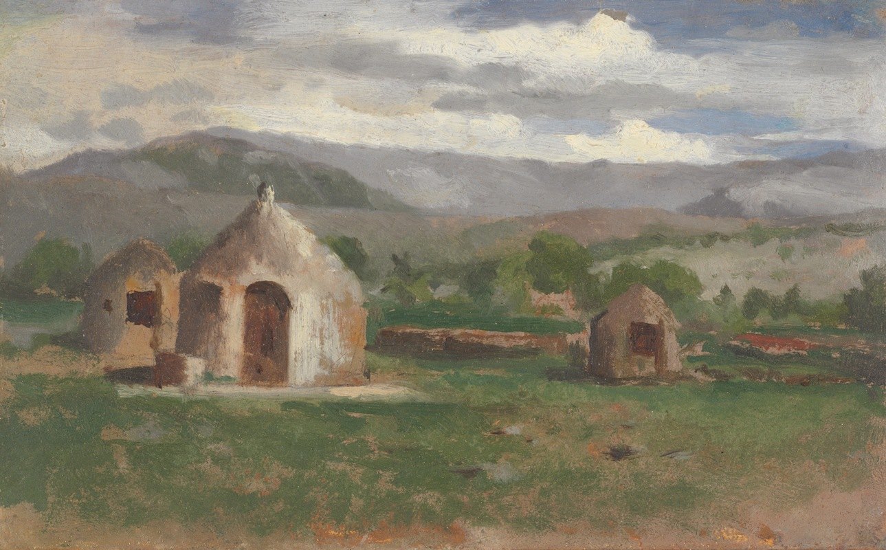普罗旺斯原始小屋景观素描`Landscape sketch with primitive huts, Provence (ca. 1852) by Charles Nègre