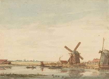 运河上的风车`Windmills on a Canal (about 1790–1800) by Antonie Erkelens