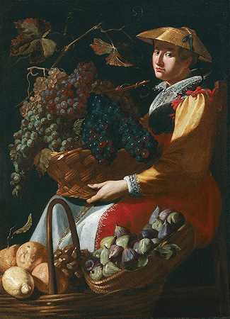 卖水果的女士，包括无花果、柠檬和葡萄`A Lady Selling Fruit, Including Figs, Lemons And Grapes by Giacomo Legi