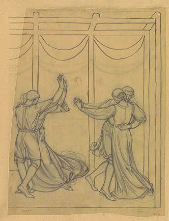 贝乌斯·凡·贝拉格（Beurs van Berlage）的壁画设计两对舞伴`Ontwerp voor wandschildering in de Beurs van Berlage; twee dansende paren (1869 ~ 1925) by Antoon Derkinderen