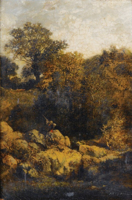 风景中的猎人`Hunter In A Landscape by Jules-Achille Noël