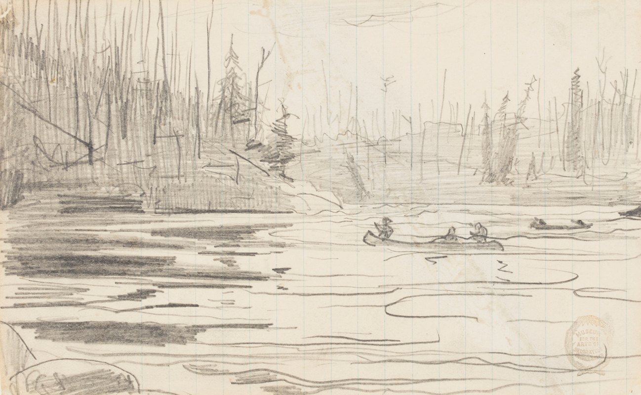 湖上的独木舟`Canoes on a Lake (1897) by Winslow Homer