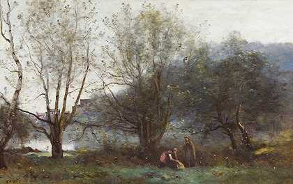 城市池塘阿夫雷`Les Étangs De Ville Davray by Jean-Baptiste-Camille Corot