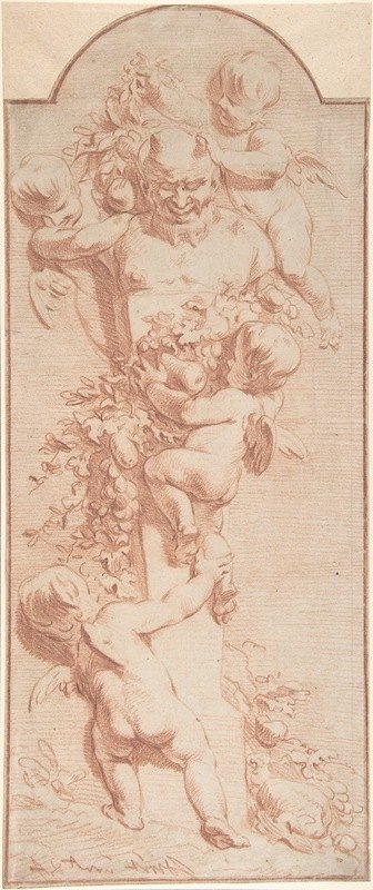 设计一个带有四个Putti的面板，用水果和树叶的花环装饰一个Herm（终端图形）`Design for a Panel with Four Putti Decorating a Herm (Terminal Figure) with Garlands of Fruit and Foliage (ca. 1720–40) by Jacob de Wit