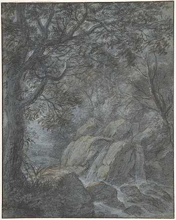 山溪河流景观`River Landscape with Mountain Stream (17th century) by Anthonie Waterloo