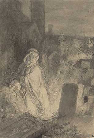一名男子逃离在墓地祈祷的修女`A Man Fleeing from a Nun Praying in a Cemetery by Joseph Fay