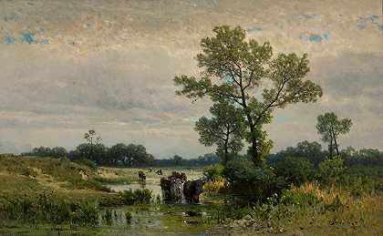 牛过河`Cows crossing the river (1878) by Walery Brochocki