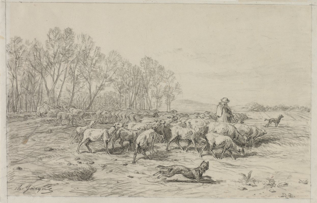 一群羊的风景`Landscape with a Flock of Sheep (1800s) by Charles Emile Jacque