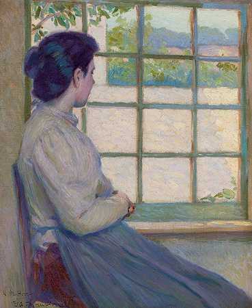 看着窗外的女人（a.M.胡伊的肖像）`Woman Looking out a Window (Portrait of A.M. Hooey) (1895) by George Albert Thompson