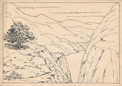 悬崖陡峭的河流景观`A River Landscape with Steep Cliffs (1911–24) by Herbert Crowley