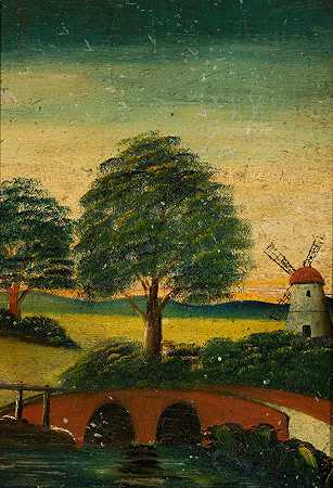 有风车和桥的景观`Landscape with a windmill and a bridge (1920) by Tadeusz Makowski
