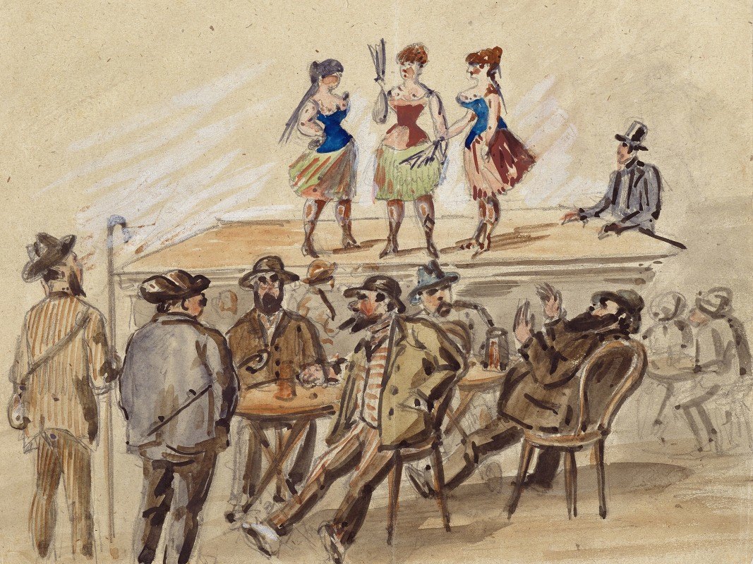 三个女人出现在舞台上，在他们面前摆着啤酒桌上的男人`Drei Frauen präsentieren sich auf einer Bühne, davor Männer an Biertischen (1882) by Paul Franz Otto